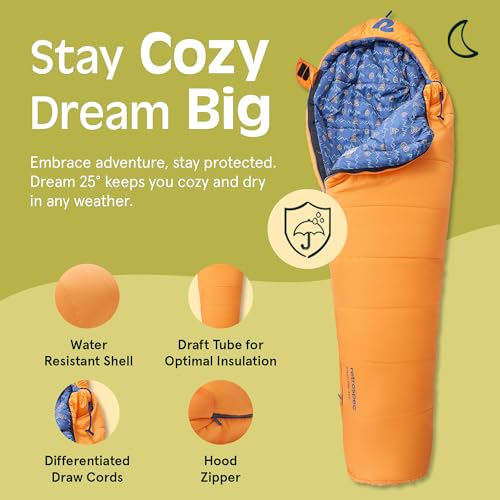 Retrospec Dream 25 Kids Sleeping Bag for Camping - Mummy Style, Water-Resistant, Lightweight 3lbs 3oz, Adjustable Length, Draft Collar, 25°F Rating - color: Day Dreamer