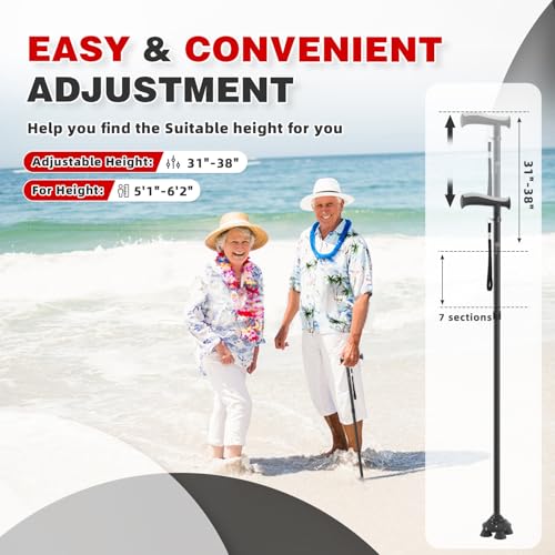 BeneCane Walking Cane for Men & Women Walking Stick for Seniors Folding Canes Quad Cane Adjustable Lightweight Sturdy Collapsible Heavy Duty with Soft TPR T-Handle and Travel Bag - color: Black
