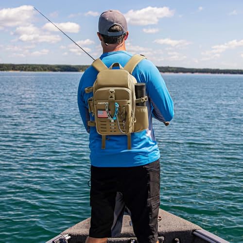 Piscifun Fishing Tackle Backpack, Rod & Gear Holder, Water-Resistant | 15L storage, breathable padding & adjustable shoulder straps, MOLLE panel, Khaki - color: Khaki, size: Standard
