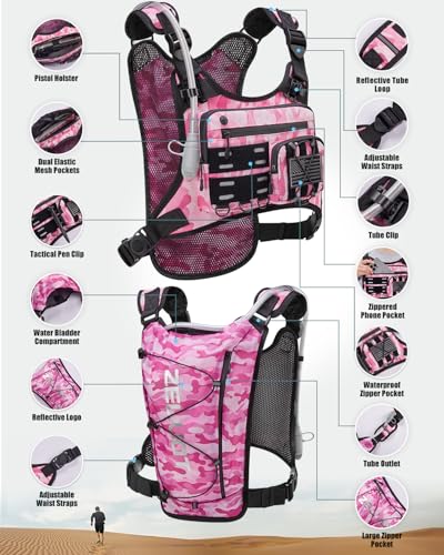 Zelvot Running Vest with 2L Water Bladder, Hydration Backpack, U.S. Design Patent, Lightweight Hydration Pack with Gear Holder, Reflective Chest Pack for Men Women - color: Camo Pink, size: Medium-Large