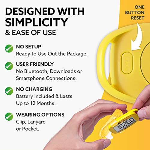 3DFitBud Simple Step Counter Walking 3D Pedometer by 3DActive with Clip, Lanyard Accurate Step Tracker Large Display, Easy to Use for Kids Men Women Adult Seniors Daily Step Tracking - A420S - color: Yellow