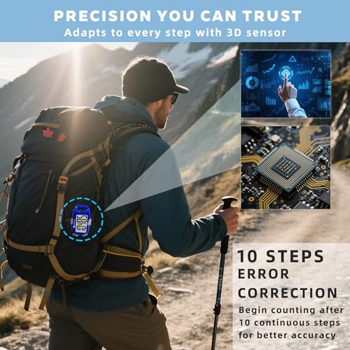 Clip-on 3D Pedometer for Walking Steps Counter with Lanyard, Simple Exercise Tracker for Women and Seniors with Large Accurate Digital Display, Portable Minimalist Sports Monitor - color: Blue