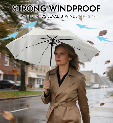 Windproof Travel Umbrella for Rain - 43" Compact Folding Umbrella, Reinforced Strong Frame, Lightweight Portable Parasol with UPF 100+ UV Sun Protection, Cruise Ship Essentials - color: 1-Beige
