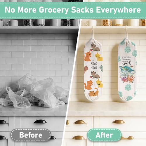 2Pcs Cat Plastic Bag Holder for Kitchen Essentials, Reusable Hanging Grocery Bag Organizer, Washable Large Grocery Trash Bags Storage Dispenser - style: Cat