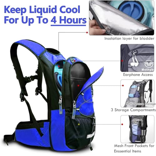 Mothybot Hydration Pack, Insulated Hydration Backpack with 2L BPA Free Water Bladder and Storage, Hiking Backpack for Men, Women, Kids for Running, Cycling, Camping - Keep Liquid Cool up to 5 Hours - color: Dark Blue