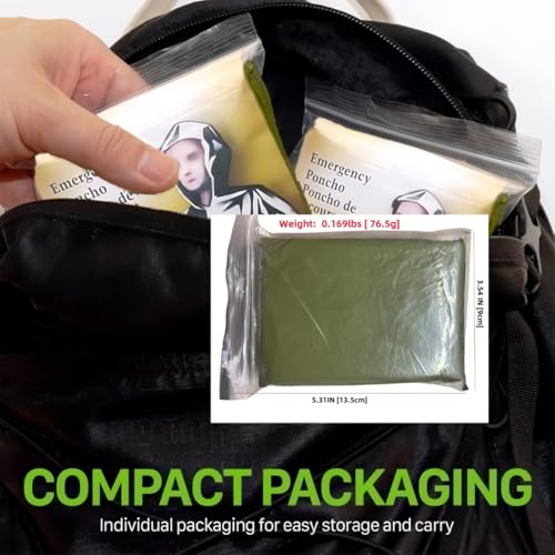 Emergency Poncho with Mylar Blanket Liner for Survival Gear, Waterproof, Wind-Resistant Green Rain Poncho for Outdoors, Camping, and Car Emergency Kits - Thermal Poncho- 4 Pack