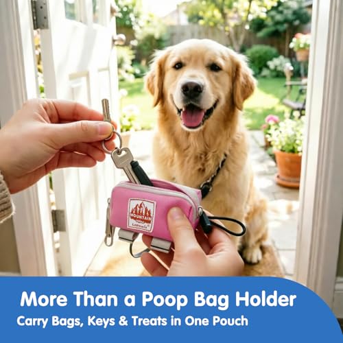 Dog Poop Bag Holder for Leash, Large-Capacity Canvas Pouch, Pink | Holds one bag roll, keys, treats, and small essentials with quick access, secure straps, and water-resistant canvas - color: Pink