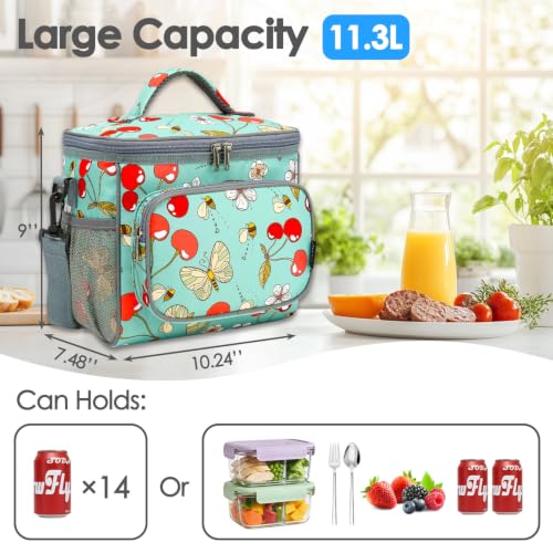 FlowFly Insulated Reusable Lunch Bag Adult Large Lunch Box for Women and Men with Adjustable Shoulder Strap,Front Zipper Pocket and Dual Large Mesh Side Pockets,Cherry - color: Cherry