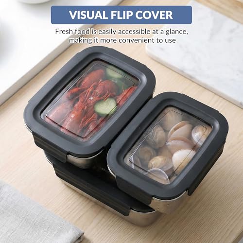 3Pcs 304 Stainless Steel Food Storage Containers with Lids, Nestable & Stackable, Leak-Proof Silicone Seal, 2500ML+1100ML+450ML, Dishwasher Safe, Straight Edge Black, Reusable Lunch Boxes for Meal Pre