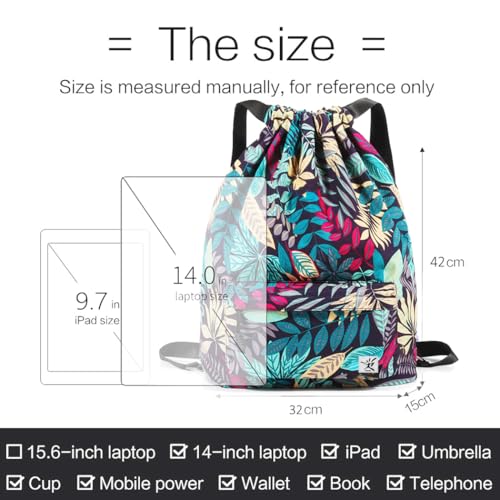 Waterproof Drawstring Bag, Gym Bag Sackpack Sports Beach Backpack for Men Women - color: 02-blue Leaves