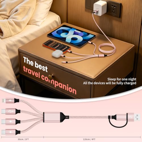 MPATIBY 4 in 2 Multi Charging Cable, 1 Pack 5FT Dual Input Charging Cords | USB A & USB C Inputs with 3* USB C & 1* IP Outputs, Travel Essentials, Phone Charger for Multiple Devices - color: Pink, size: 1Pack5FT