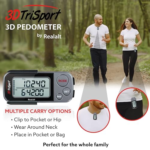 3DTriSport 3D Walking Pedometer with Clip & Strap, Accurate Step Counter with 30-Day Memory, Distance in Miles/KM Large Display Perfect for Seniors & Beginners eBook Included