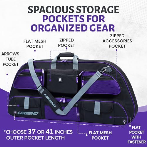 LEGEND Apollo Soft Bow Case - Compound Bow Case with Multiple Storage & Foam Padding, Lightweight Bow and Arrow Case for Archery Accessories, Bow Bag with Arrow Tube Pocket - 40" & 44" - color: Black / Purple, size: 40in Inside Length