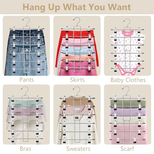 Pants Hangers with Clips,Space Saving Hanging Closet Organizer-6 Tiers Skirt Hangers with 360° Swivel Hook,Closet Organizer-Clothes Hangers - size: 1pack