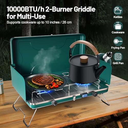 2 Burner Propane Stove, 20000BTU Portable Camping Stove with 2 Adjustable Burner and Wind Guards, Camping Cooktop with Ignition & Griddle for Camping,Tailgating, BBQ, Grilling,Outdoor Gear - color: Deep Green