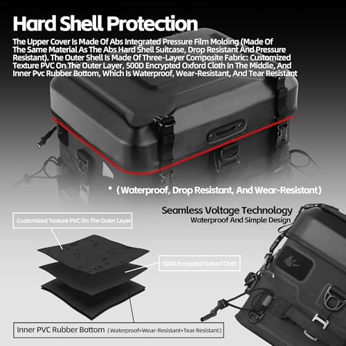 Rhinowalk 36L Motorcycle Tail Bag Hard Shell Top Case Lightweight Waterproof Rear Trunk with MOLLE System & Quick-Release Mounting – Touring Adventure Case - style: Hard Shell Bag Mft2305 Only.