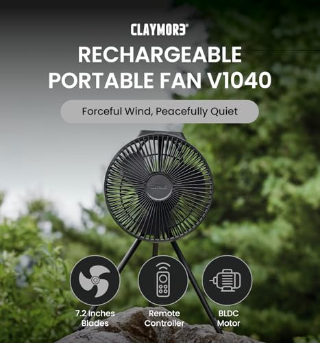 Claymore V1040 Black Rechargeable Portable Fan – 10,400mAh Power Bank Function Remote Control 4-Speed Quiet BLDC Air Circulator USB-C Charging 23 Hrs Runtime for Camping, Indoor, Outdoor - style: V1040 (Black)