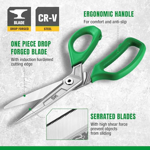 SK 10" Heavy Duty Scissors All Purpose, Industrial Shears, One Piece Blades | Drop Forged Sharp Utility Scissors, Premium CR-V Steel, Ergonomic Handle for Comfortable Grip - size: 10 Inch