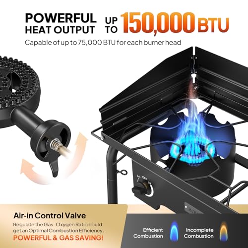 ROVSUN 2 Burner Outdoor Camping Stove with Wind Panel & Shelves, Heavy Sturdy Propane Burner, Gas Cooker with Detachable Legs & CSA Regulator for Home Camp Paito Cooking Frying Canning - style: 2-Burner (shelves)
