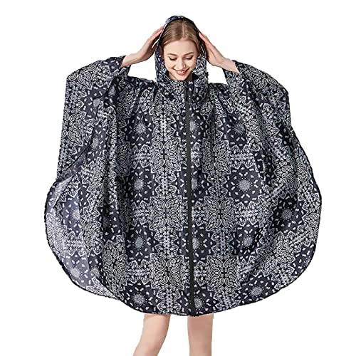 ANYOO Waterproof Rain Poncho Lightweight Reusable Hiking Hooded Coat Jacket for Outdoor Activities - color: Black Flower