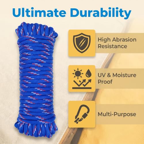 1/4 in × 100 ft Blue Diamond Braided Polypropylene Rope with Non-Woven Core, 32-Strand High Strength for Clothesline, Flagpole, Camping, Indoor & Outdoor Use (2 Pack, 50ft Each) - size: 1/4" x 100FT, style: Blue