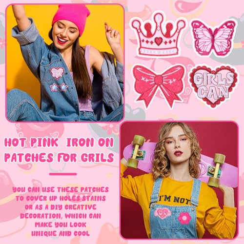 Hotop 48Pcs Pink Iron on Patches for Girls Jeans Jacket - style: Hot Pink Girl