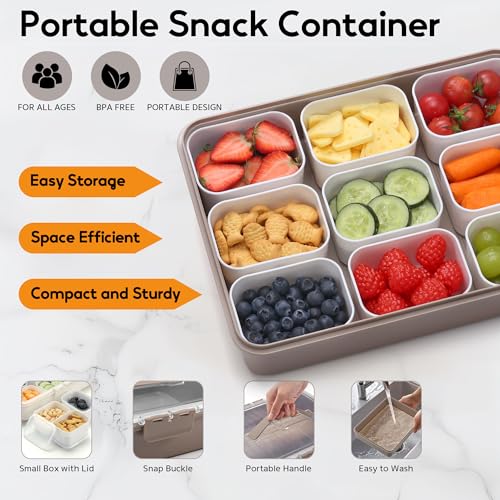 Snackle Box Container for Adults with 9 Compartment, Divided Serving Tray Snack Box Containers with Lid and Handle, Charcuterie Boxes Portable Snack Platter for Fruit Veggie Party Travel, Brown - color: Brown