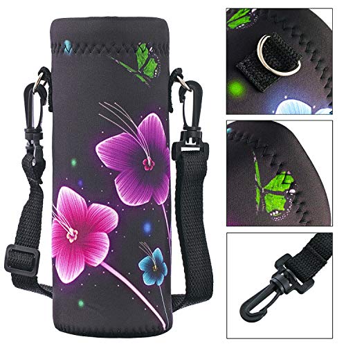 Neoprene Water Bottle Carrier Bag with Adjustable Shoulder Strap,Insulated Water Bottle Cover for Stainless Steel/Glass/Plastic Bottles - color: Colorful Flowers, size: 500ml