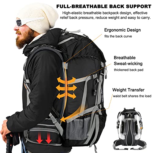 Loowoko 50L Hiking Backpack with Rain Cover for Both Men & Women - color: Black