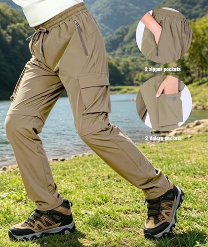 Kids Hiking Convertible Zip Off Pants Quick Dry Outdoor Nylon Pants Waterproof Stretchy with Zip Pockets 4-16Y - color: Brown, size: Medium