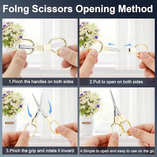 BSADIY 2 Pcs Mini Folding Stainless Steel Badge Scissors with 2 Keychains | Safety Foldable Pocket Small Travel Scissors All Purpose for Travel, Home, Office, Craft, Sewing, Nurse Accessories (Gold) - color: Gold