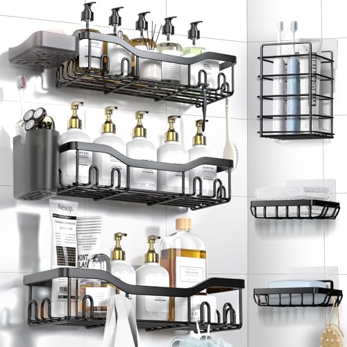NESOMI Shower Caddy Adhesive Shower Organizer 8-Pack, Rustproof Stainless Steel Bathroom Shelves, Large Capacity No-Drill Rack Storage Accessories with Soap Dish Toothbrush Holder Hooks - color: Black, size: 8-Piece Set