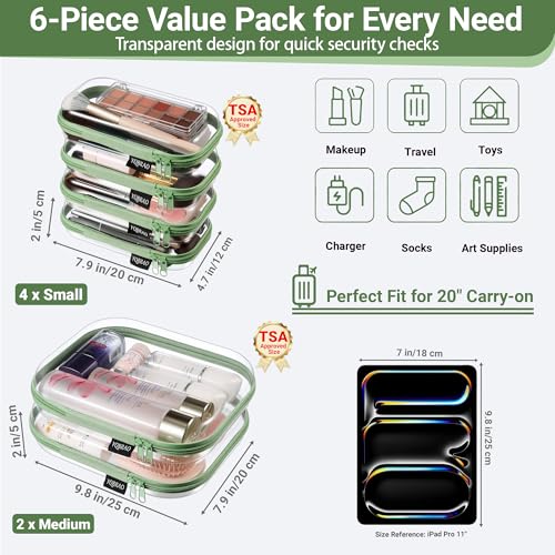 YQBRAO Clear Hard Shell Zipper Cases, 6 Travel Organizers, 2M 4S, Green - color: Green, size: 6 Pack (2M+4S)
