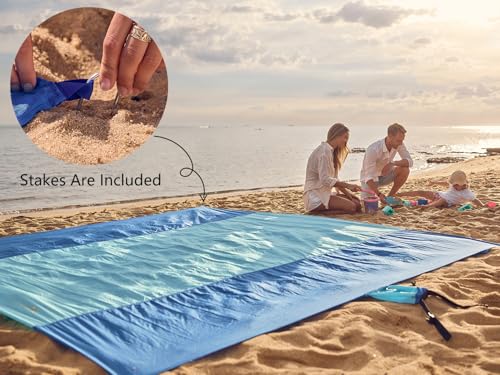 WEKAPO Beach Blanket Sandproof Waterproof, Extra Large Beach Mat, Oversized & Compact Sand Free, Quick Drying Beach Essentials for Vacation, Cruise, Picnic & Camping with Stakes - color: Blue, size: 9x7 FT (1～5 person)