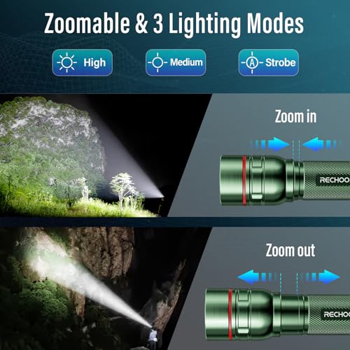 Rechargeable Flashlights High Lumens, G1000 Super Bright Flash Light 2 Pack, Small Zoomable LED Flashlight with 3 Lighting Modes, Portable Flashlight for Camping Essentials (Battery Included)-Green - color: Green, size: 2 Pack