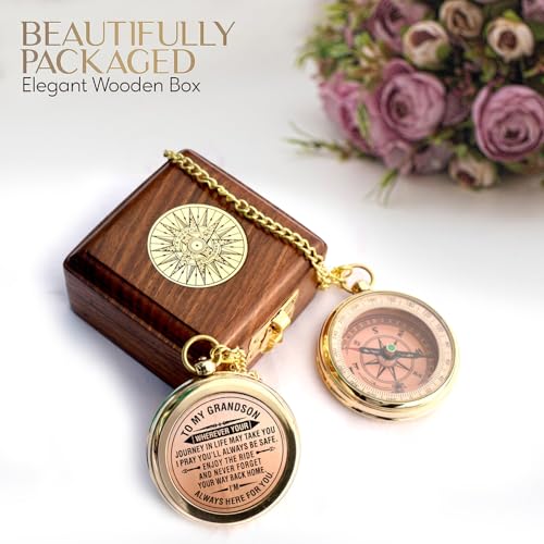 to My Son Compass with Wooden Box-Mom to Son Compass–Father to Son Gifts- to My Grandson -Graduation Day Gifts for Son-Birthday, Baptism, Graduation, Confirmation, Communion Compass for Women Men - style: # 2 To my Grandson compass