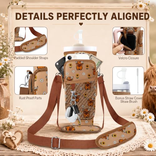Stanley Water Bottle Bag with Adsjust Strap for 30/40 Oz Tumbler, Water Bottle Carrier with 3 Pockets, Cleaning Brush & Straw Cover, Stanley Cup Carrier Bag for Walking, Gym,Travel, Yoga - color: Daisy Highland Cow