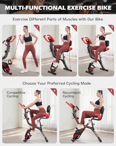 pooboo Folding Magnetic X‑Bike, Upright Exercise Bike for Home Gym | Foldable Indoor Stationary Cycling Bike, 8‑Level Resistance, 6.6 LBS Flywheel, 300 LB Capacity, Back Support Cushion - color: Black & Scarlet