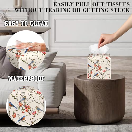 Tissue Box Holder Bird on Blossoming Branch Square Leather Tissue Box Cover Modern Cube Facial Paper Cover Case for Bathroom Vanity Countertop Night Stands Tabletop - color: Bird on Blossoming Branch