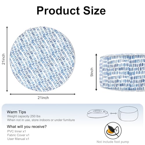 DYTXIII Inflatable Ottoman Stool D21 xH9 for Outdoor/Indoor Use, Water Repellent Patio Foot Rest Stool with Portable Handle,Round Pouf Ottoman Suitable for Garden,Deck and Camping - Pebble Blue - color: Pebble Blue, size: 21"D x 21"W x 9"H