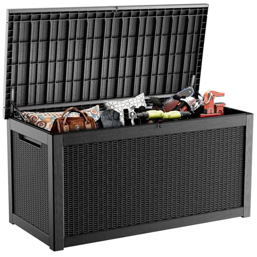 PatioZen 320 Gallon Resin Deck Box, Lockable Weatherproof Outdoor Storage Box for Furniture, Garden Tools and Tools Storage, Waterproof Outside Storage Boxes - Black - color: Black, size: 320 Gallon