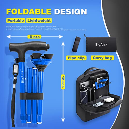BigAlex Folding Walking Cane with LED Light,Pivoting Quad Base,Adjustable Walking Stick with Carrying Bag for Men/Women - color: Blue(5'5"-6'3")
