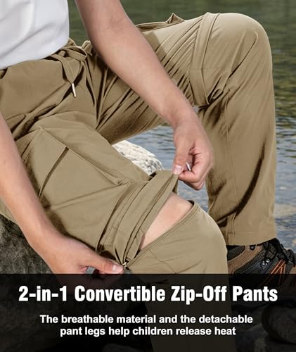 Kids Hiking Convertible Zip Off Pants Quick Dry Outdoor Nylon Pants Waterproof Stretchy with Zip Pockets 4-16Y - color: Brown, size: Medium