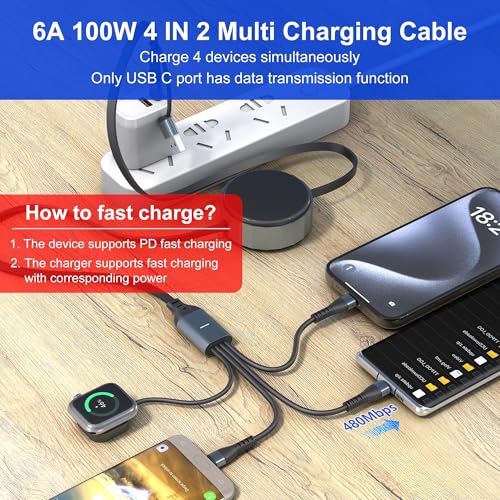 Multi Charging Cable for Apple Watch with Type C/Lightning/Micro/Watch - color: Black