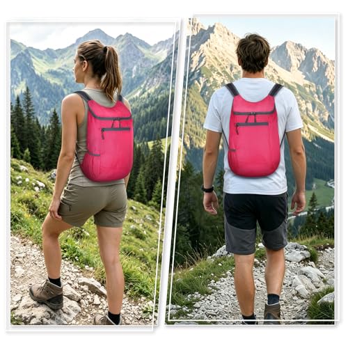 Lightweight Foldable Backpack,Travel Hiking Daypack Packable Bag | Rose Red,20L Folding Backpack for Outdoor, Cycling,Camping, for Men and Women - color: Rose Red