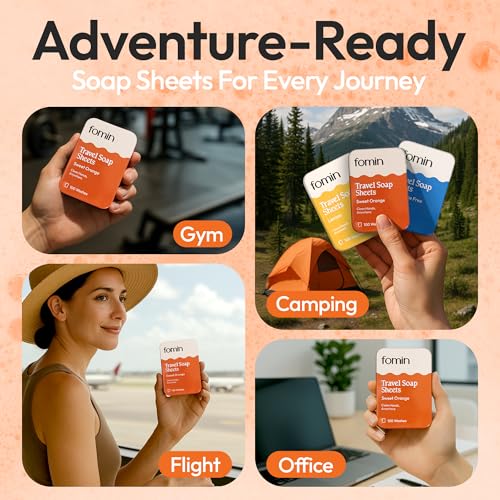 FOMIN - Paper Soap Sheets for Traveling - 100 Orange Portable Camping Soap Sheets for Travel in Tin - Dissolvable Mini Portable Travel Soap Sheet for Hand Washing - color: Orange