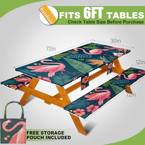 Fitted Picnic Table Cover with Bench Covers, Windproof Vinyl Table Cloths Outside Camping Cooking Backyard Furniture Seat Cushion Tablecloth Activities Party Decor Decorations Para Acampar Equipment - color: Green Flamingo, size: 72in