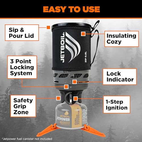 Jetboil Zip 0.8L Portable Fast Boil Stove with Easy-Turn Knob Igniter for Backpacking and Camping, Propane/Isobutane Burner - color: Carbon