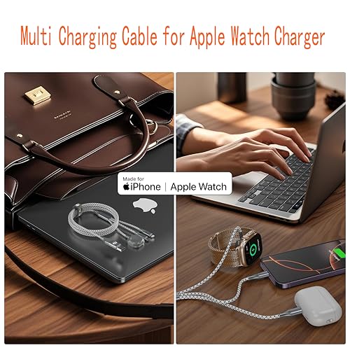 Apple Watch Charger 3 in 1 Multi Charging Cable 4FT Apple MFi Magnetic | USB A/C Lightning Type C Cord iWatch Magnetic Wireless Charger 3 in 1 Charging Wire for Apple iPhone Android Phone and iWatch - color: Grey/Silver-4ft