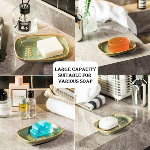 Miamolo Ceramic Soap Dish for Bathroom Sink, Bar Soap Holder Soap-Saving | Raised Ridges Keep Soap Dry, Large Soap Saver for 2 Bars, Sponges, Shower Kitchen Sink | Easy to Clean, Wedding Gift, Green - color: Green, size: Leaf Design